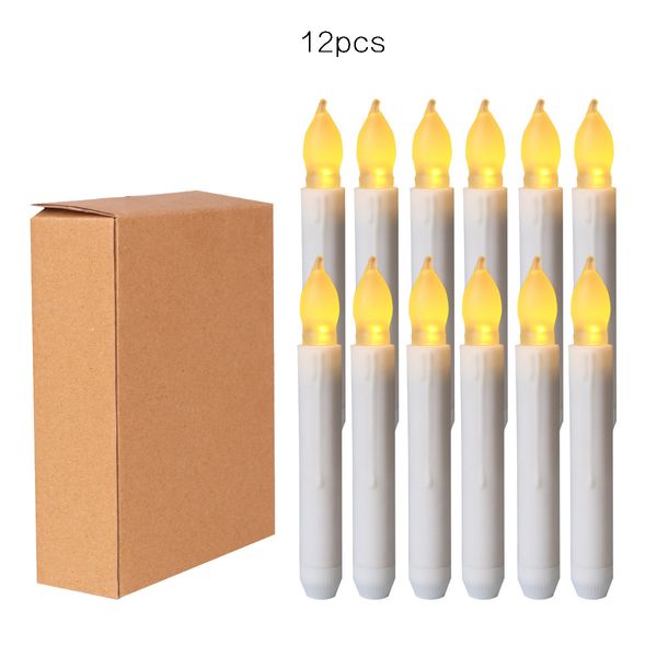 Velas cónicas LED sin llama Decoración de fiesta de luz Funciona con pilas Llama parpadeante amarilla cálida Vela de mano Plástico Blanco 12 unids / caja