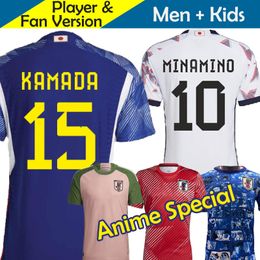 Japan Soccer Jerseys Kids Kit Equipo nacional 2022 2023 Camiseta de fútbol Copa del mundo Player Version Set Anime Cartoon Pink Special Pre Match Training Wear KUBO MINAMINO ITO
