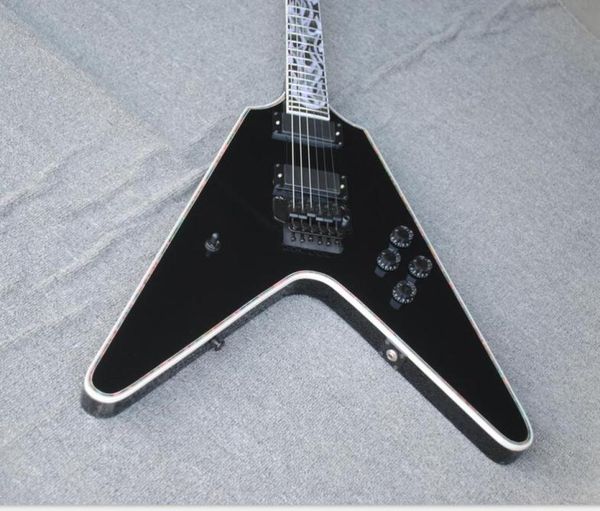 Lanzallamas Flying V Ultima Fire Tiger Glos Black Guitarra eléctrica Floyd Rose Tremolo Intrincado MOP Abalone Flame Inlay Black 6359308