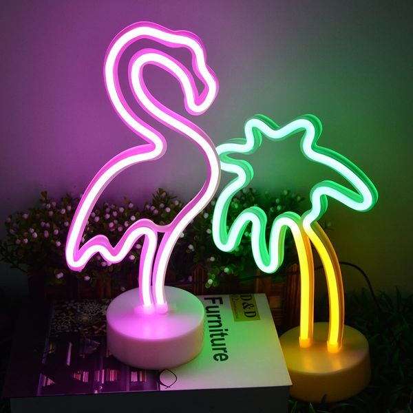 Flamingo Cactus LED Luces de neón Árbol de coco Piña Lámpara de señal USBBattery Power Unicorn Room Table Decoración de vacaciones 240301