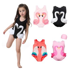 Traje de baño de flamencos para niñas, traje de baño de cisne para niños, gorro para bebé, traje de baño de una pieza para niños, loro estampado de dibujos animados