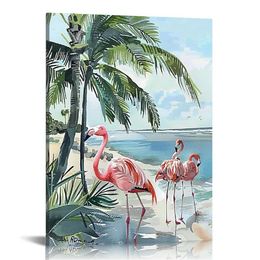 Flamingo Palm Tree Salle de bain images mures art côtier plage de plage flamanto décor mural nautique peinture