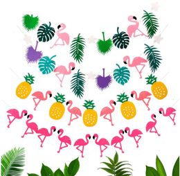 Flamingo Party Decoration Joyeux anniversaire Banner drapeau Garland Hawaiian Luau Tropical Coconut Leaves d'événements Supplies Party3693329