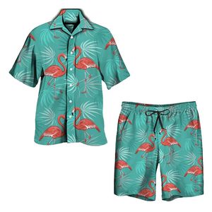 Flamingo Print Mannen Pak 3D print Shirt Strand Shorts Oversized luxe 2 Stuks set Vakantie Hawaiiaanse Streetwear Mode Man Pakken 240321