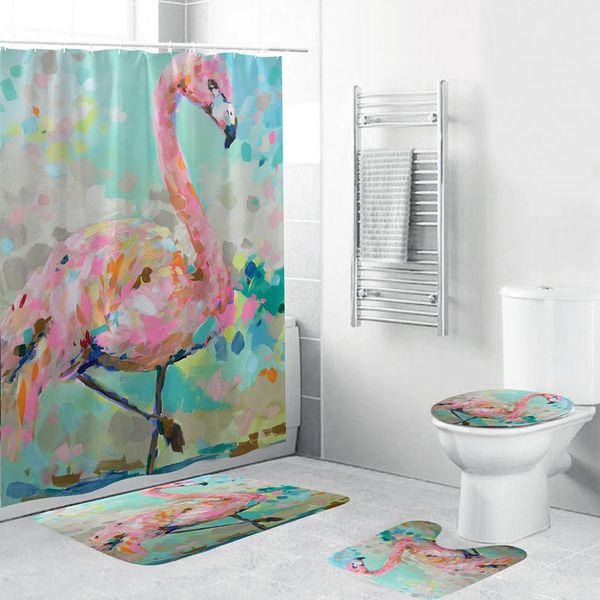 Flamingo imprimer rideau de douche imperméable tissu polyester pour salle de bain décor 4 pièces ensemble doux tapis de toilette Pad T200711