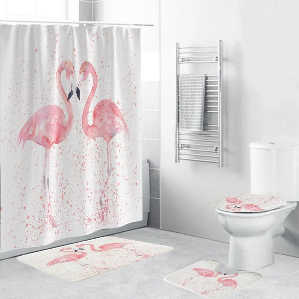 Rideau de douche Flamingo imprimé animal accessoires de salle de bain rose couverture de toilette ensemble de 4 pièces avec boutonnières renforcées T200711