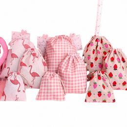 Flamingo Strawberry Cott Paquete de almacenamiento Bolsa Bolsa con cordón Pequeño Monedero Viajes Mujeres Pequeña Bolsa de tela Bolsa de regalo de Navidad K5FF #
