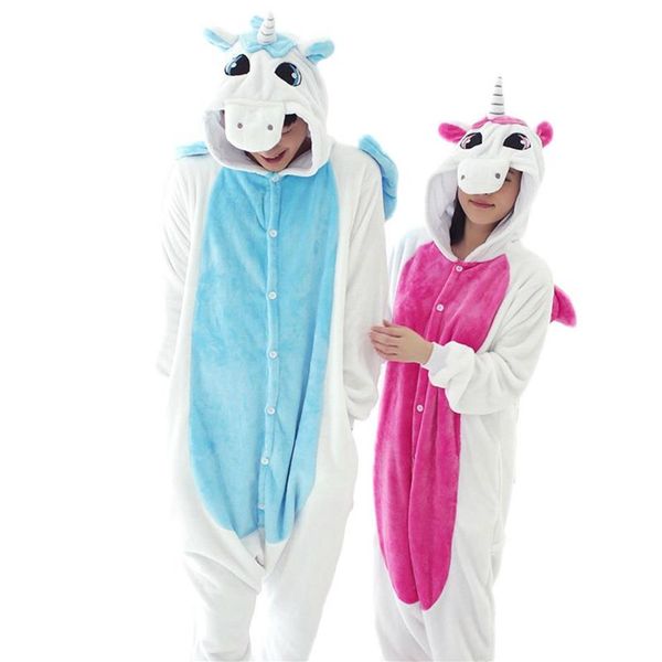 Flanelle Bleu Rose Licorne cheval Pijama Dessin Animé Cosplay Adulte Unisexe Homewear Onesies pour adultes pyjamas animaux Hommes Femmes pyjama un283N