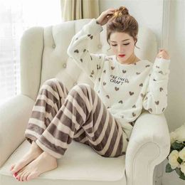 Pijamas de franela Ropa de dormir Ropa de dormir Set Invierno Cálido Simple Manga larga Ocio Color puro Encantador Mujeres Ropa de hogar Traje 210809