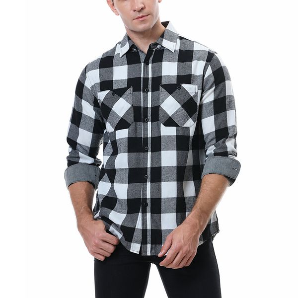 Camicia di flanella da uomo Camicie abbottonate morbide e comode a maniche lunghe in cotone autunno casual Plaid bianco nero