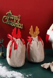 Flanelette trekkoordzak Elk Santa Claus Candy Gift Bags Antler Halloween Kerstmis Candies Bag Xmas Tree Hangende decoratie BH75144290