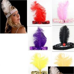 Diadema de plumas de avestruz Flapper 1920S 20S Tocado de corista con lentejuelas Gatsby con entrega directa Dh1Xt