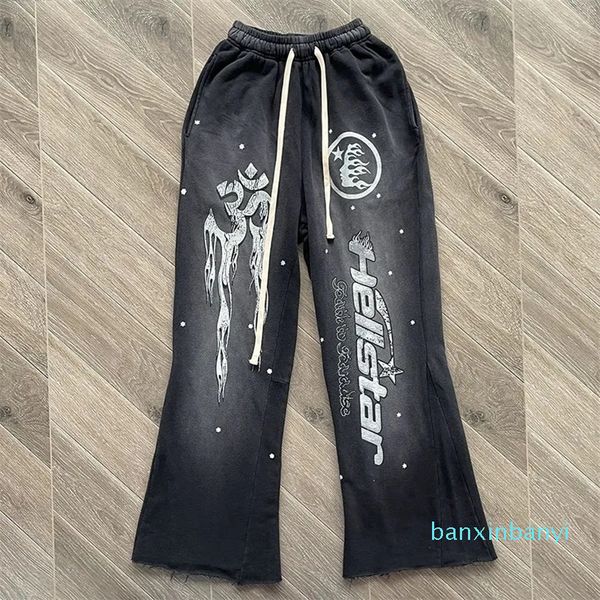 Pantalones acampanados con llamas negras, pantalones deportivos informales con empalme lavado, pantalones acampanados, pantalones de talla grande SMLXL