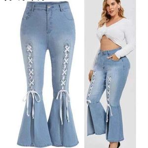 Flare jeans voor vrouwen blauw casual vrouwen lace up gesplitst denim broek plus size hoge getailleerde broek vintage vrouw 4XL5XL 210514