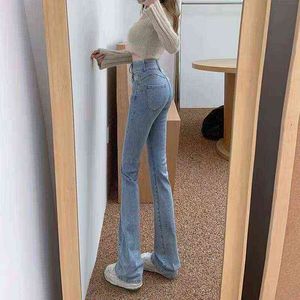 Jeans évasés femmes taille haute pantalon Vintage Denim pantalon Streetwear dame décontracté mode coréenne Jeans pour filles bleu clair L220726