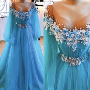 Flare Mouw Blue Prom Dresses 3D Bloemen Elegante Beaded Prom Ball Town Robe de Soiree 2021