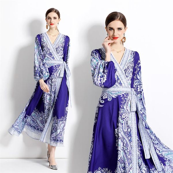 Manches évasées bleu Vintage robe longue Paisley Floral col en V mince ceinturé côté nœud Wrap Maxi robe 2023 femmes Designer sortir Vac183q