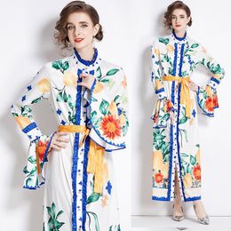 Vestido camisero de diseñador vintage con manga acampanada, cuello simulado, ajustado, con cordones, estampado elegante, cintura alta, vacaciones, vestidos largos bohemios, primavera y otoño, dulces y lindos vestidos de pasarela 2023