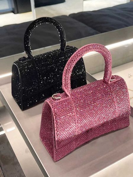 Bolso de reloj de arena con diamantes Flash, bolso de mano rojo rosa a la moda con un hombro, bolso pequeño oblicuo para mujer SHQS