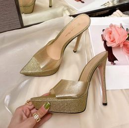 Flits goud PVC La Gianvito rossi pantoffels Sandalen met hoge hakken Stiletto muilezels Leren hoge hakken slip-on open teen voor dames Ontwerpers schoenen Avond fabrieksschoeisel