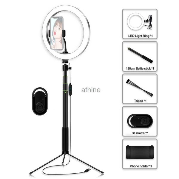 Têtes de flash 26 cm / 10,2 pouces Dimmable LED Ring Video Light réglable Selfie Stick Table Trépied Support de téléphone portable Kit de télécommande YQ240110