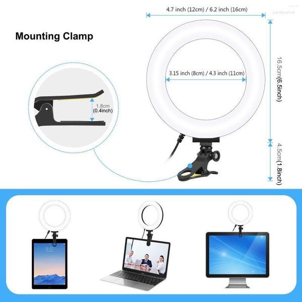 Têtes de flash 4,7 6,2 pouces Ring Selfie Light 3 Modes USB Dimmable LED Laptop Clamp Desktop Live Streaming Vlogging Pography Video Lights