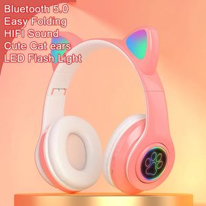 Auriculares inalámbricos con orejas de gato y luz Flash, cascos de música estéreo con Control de micrófono, LED, para niños y niñas, regalo para teléfono y Bluetooth