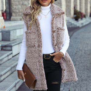 Flash Velvet Vêtements pour femmes européennes et américaines transfrontaliers Automne et hiver Revers sans manches Long Lâche Casual Délavé Bubble Velvet Cardigan Gilet