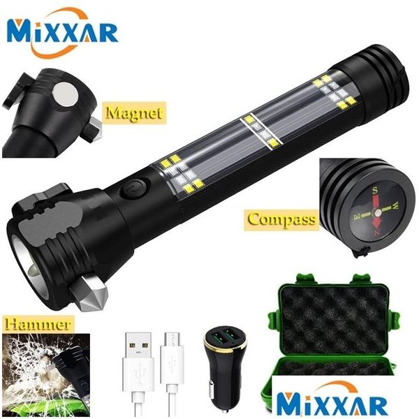 Lampes de poche Dropship Lampe de poche de voiture solaire USB rechargeable tactique 7 modes MTI-fonction Torch Bright Compass Power Bank Aimant 201210 DHMXV