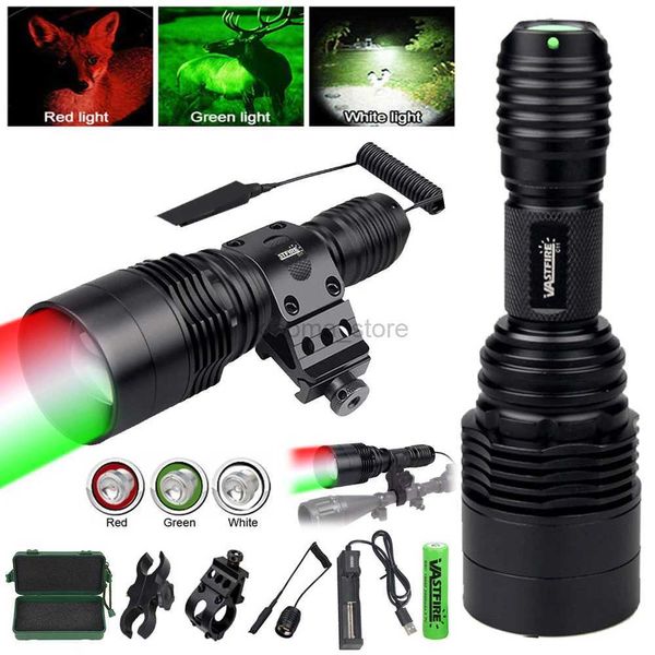 Linternas Linterna táctica roja + verde + blanca Antorcha LED XPE Potente luz de caza nocturna con montaje para mira de rifle Alimentación por batería 18650 240122