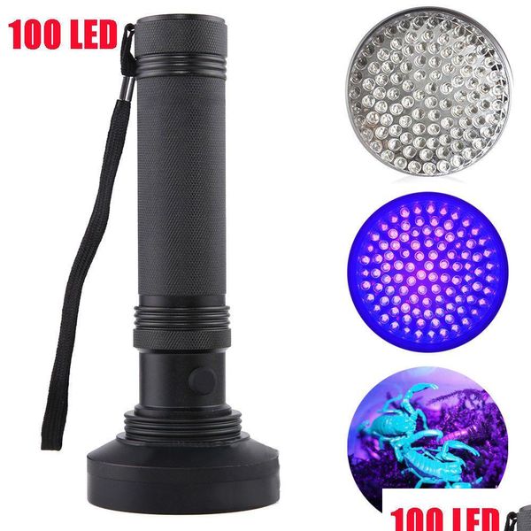 Lampes de poche torches 100 LED UV mtifonction lampe de poche Traviolet Torche Black Light Detection Purple Light Outdoor Portable Batterie Portable Dhvzs