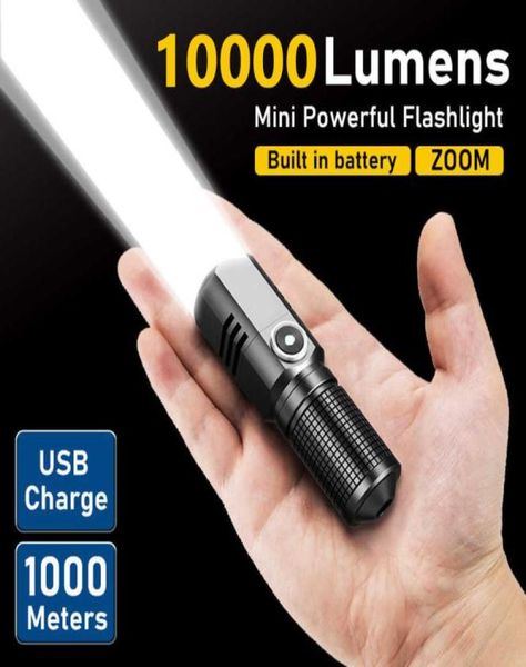 Lampes de poche Torches 10000 Lumens Mini lampe de poche LED puissante XHP50 batterie intégrée 3 Modes lampe de poche Rechargeable USB EDC Torc5972404