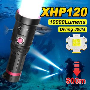 Lampes de poche torches 10000Lumens lampe de poche de plongée 18650 lanterne sous-marine rechargeable lumière blanche 800m sous-marine XHP120 torche de plongée professionnelle P230517