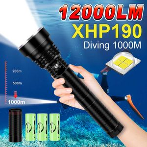 Lampes de poche torches 12000 Lumens dernière lampe de poche de plongée professionnelle XHP190 super lumineuse IPX8 lampe étanche torche de plongée 1000 m lanterne sous-marine P230517