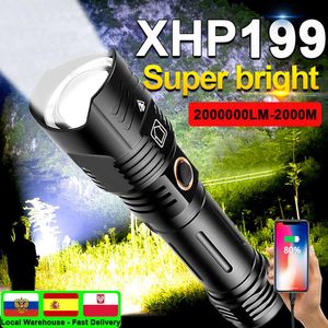 Zaklampen Zaklampen 2000000LM Super Bright Led Zaklamp XHP199 Meest Krachtige High Power Zaklamp Oplaadbare Tactische Flash Light 26650 Lamp L221014