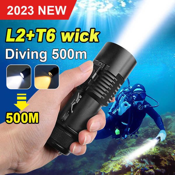 Linternas Antorchas 2023 Última actualización Brillante Linterna de buceo profesional Luz blanca amarilla Luz de buceo Bajo el agua 500 metros Antorcha impermeable P230517