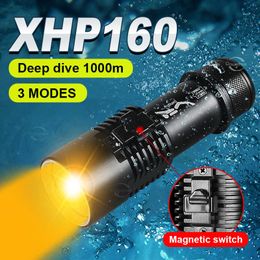 Linternas Antorchas 2023 XHP160 Linterna de buceo Linterna de buceo profesional Lámpara amarilla recargable Antorcha impermeable 1000m Iluminación subacuática P230517