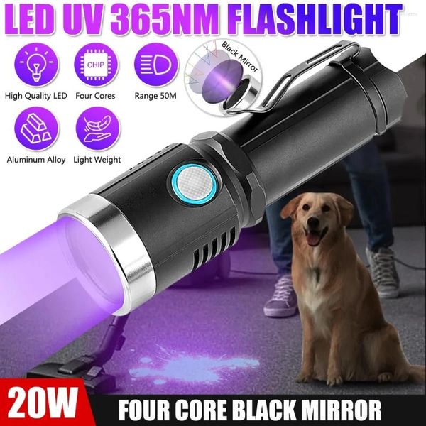 Linternas Antorchas 20W 365nm Linterna UV Tipo-C Recargable Ultravioleta Blacklight Detector de orina para mascotas para curado de resina Mancha seca