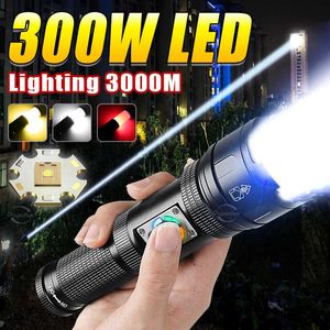 Lampes de poche Torches 300W Lampes de poche LED haute puissance Zoom 3000m Lampe de poche la plus puissante au monde Rechargeable XHP99 Torche Étanche COB Camp Lanterne P230517