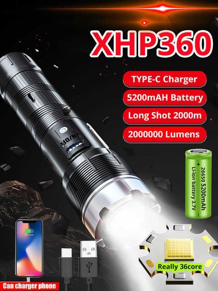 Lampes de poche torches 5200mAh XHP360 2000000LM lampe de poche LED torche 36 cœurs XHP199 XHP50 lampe torche tactique rechargeable 26650 lampe de camping lanterne L221014