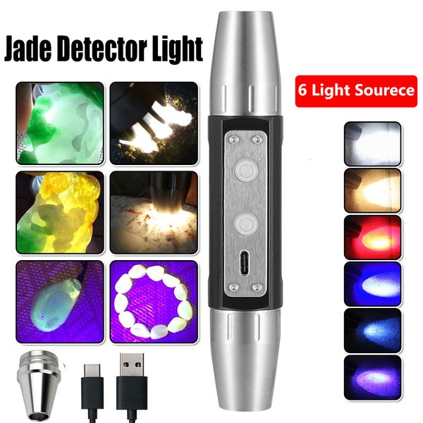 Lampes de poche Torches 6 sources lumineuses lampe d'inspection de jade 365 395NM UV ultraviolette USB détecteur rechargeable lampe de poche pour bijoux émeraude 230826