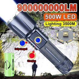 Lampes de poche Torches 90000000LM 500W Lampe de poche LED Recharge Flash Light USB Lampe de poche LED haute puissance 6000mAh Zoom Lanterne tactique Long Shot Torch L221014