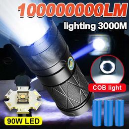 Lampes de poche torches 90W 100000000LM lampe de poche rechargeable USB haute puissance lampes de poche LED 12000mAh torche puissante Zoom 3000m lanterne tactique lampe à main 0109