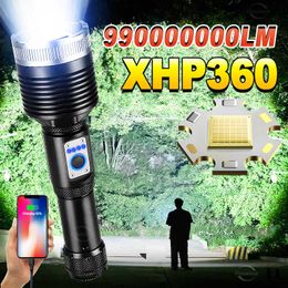 Lampes de poche Torches 990000000 Lumens Lampes de poche LED haute puissance XHP360 Lampe torche rechargeable Lampe de poche tactique Zoom Étanche Camp Flash Light 0109