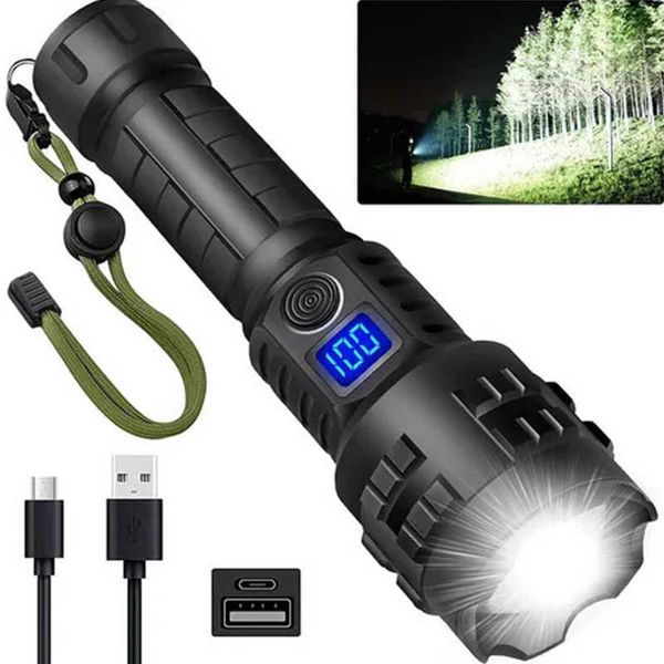 Linternas Antorchas E2 XHP90 Linterna LED Zoom Antorcha de pesca para acampar Linterna impermeable de alta potencia Linterna recargable USB 26650 Luces con martillo de cola P230517