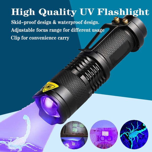 Lampes de poche torches E5 Led lampe de poche ultraviolette lumière portable mini zoom éclairage UV lampe torche lampe de poche détecteur ultraviolet lampe 365 / 395nm P230517