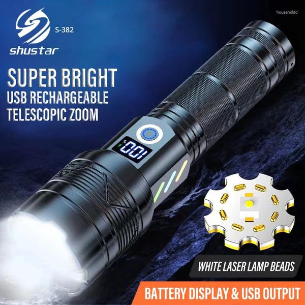 Linternas Antorchas Linterna LED de alta potencia Antorcha con zoom impermeable Linterna de pesca para acampar USB recargable 26650 luces con pantalla