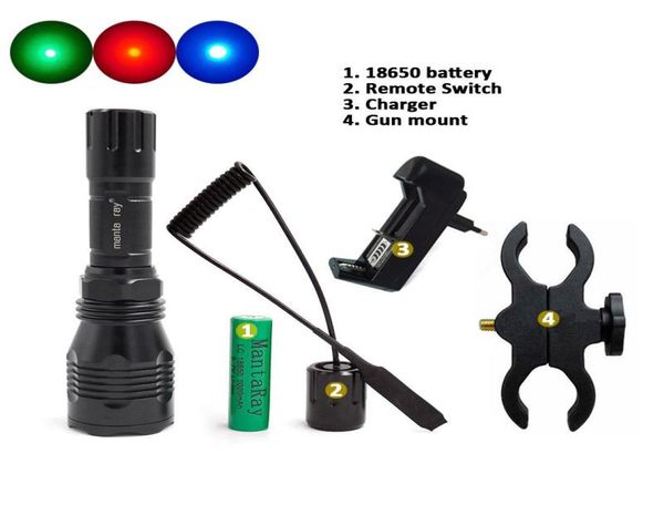 Lampes de poche Torches chasse LED vert bleu rouge lumière projecteur tactique lanterne lampe torche HS802 interrupteur à distance support de pistolet 18650 Ch8171268