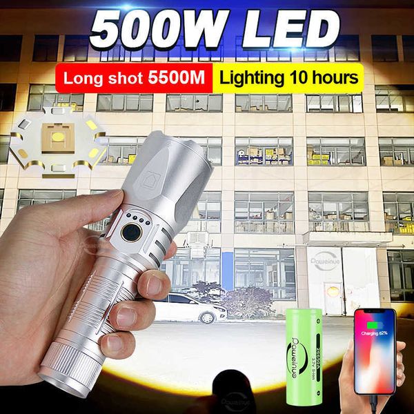 Lampes de poche Torches Nouvelles lampes de poche 500W Lampes de poche LED haute puissance Torche 300W Zoom télescopique 5500 mètres 10 heures Travail longue distance Chasse Lumière 0109