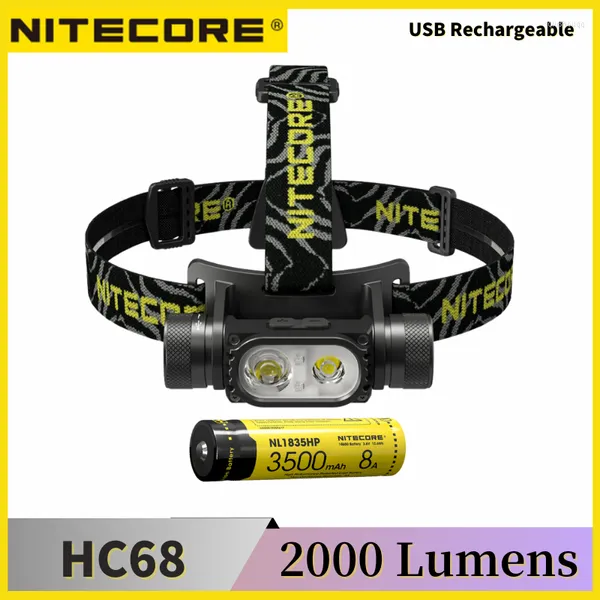 Linternas Antorchas NITECORE HC68 Linterna frontal 2000Lumens Luz roja auxiliar Recargable por USB Incluye batería NL1835HP